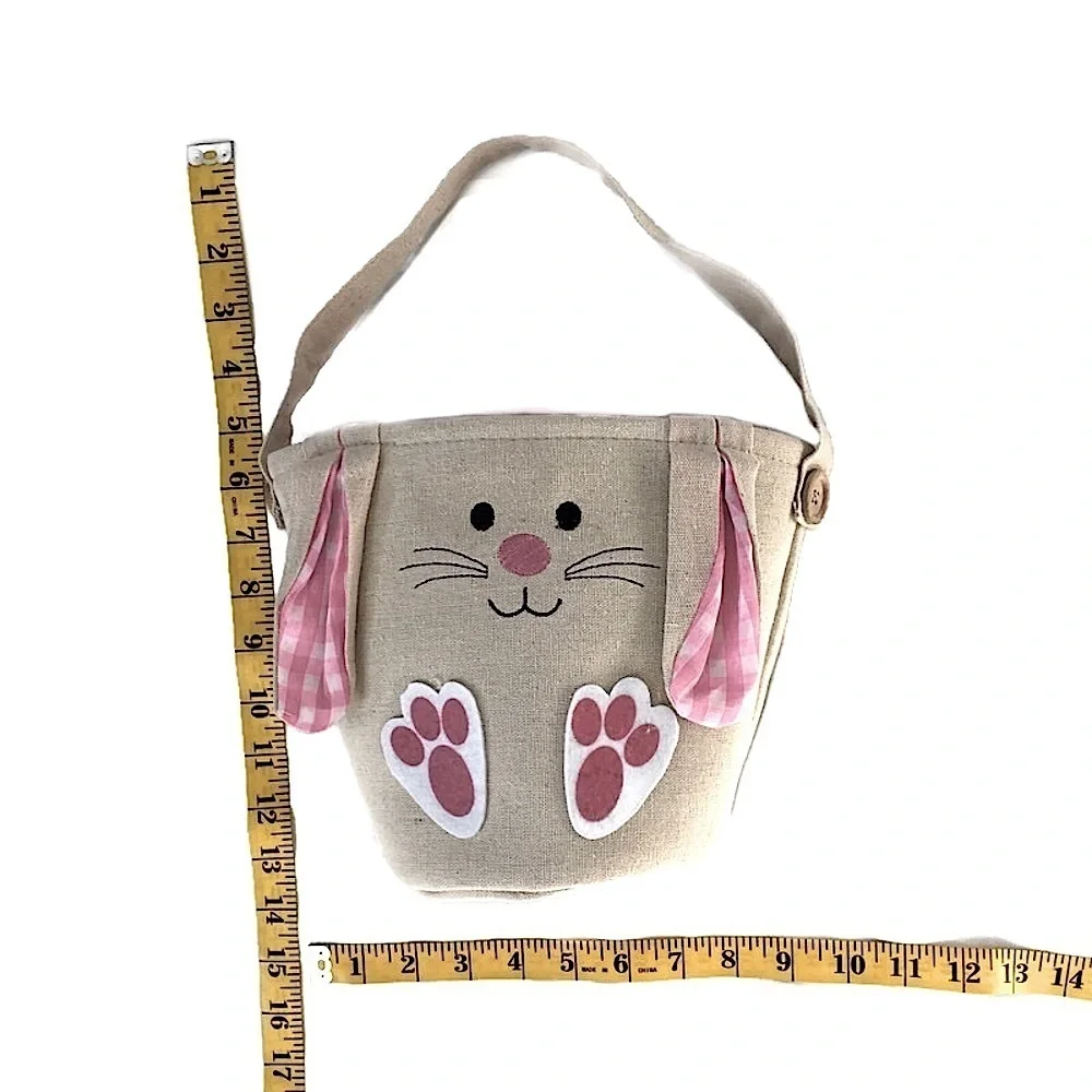 Easter Bunny Bucket Bag Tote Linen Canvas Gingham Floppy Ear Lined Pink Tan Girl
